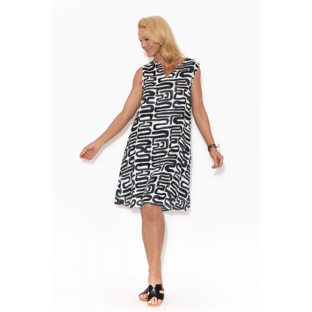 Navy Abstract Linen Sleeveless Dress