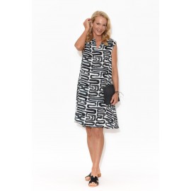 Navy Abstract Linen Sleeveless Dress