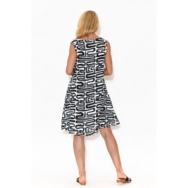 Navy Abstract Linen Sleeveless Dress