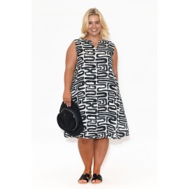 Navy Abstract Linen Sleeveless Dress