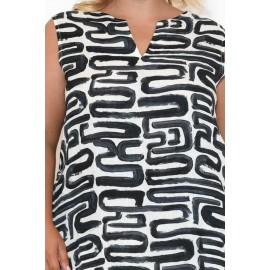 Navy Abstract Linen Sleeveless Dress