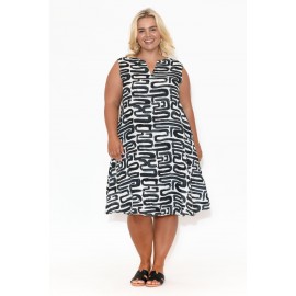 Navy Abstract Linen Sleeveless Dress